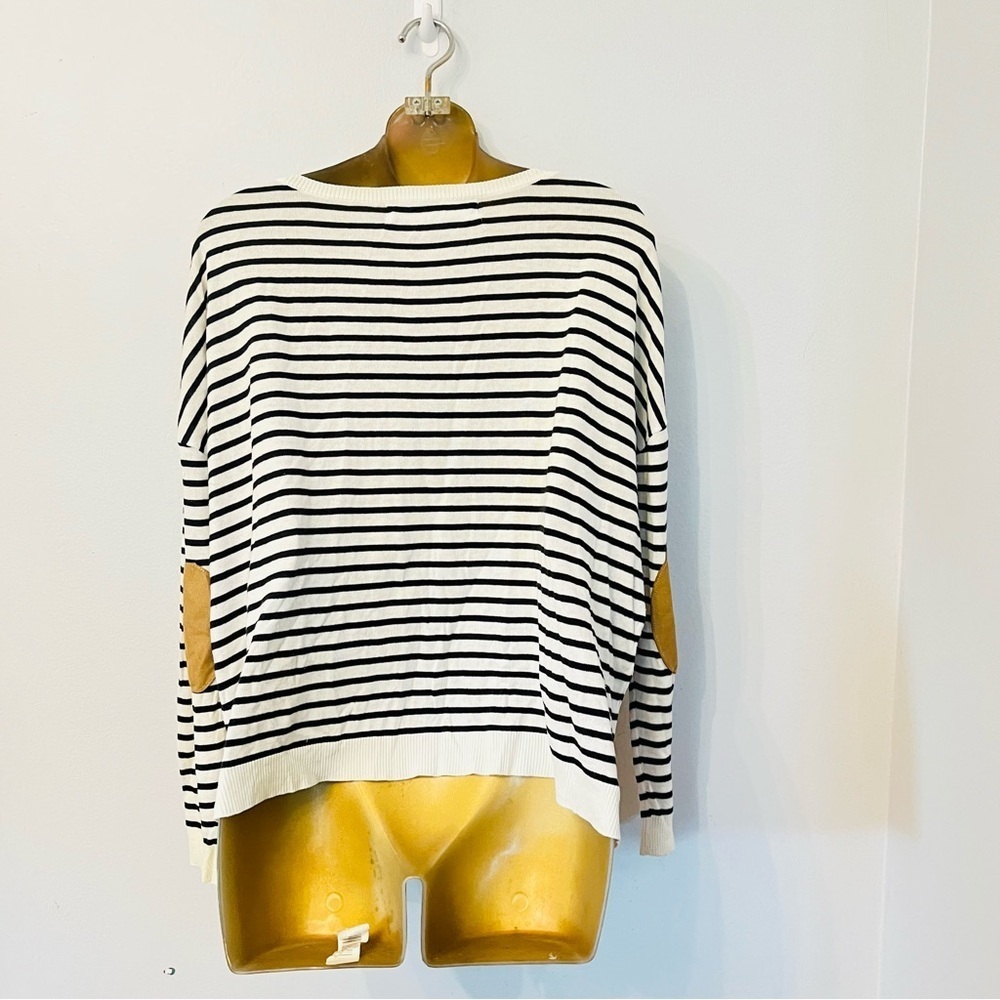 Zara Knit Striped Sweater Black White Elbow Patch Medium Casual Nautical - Picture 4 of 5